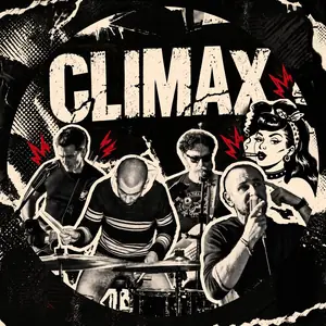 Collage dei Climax dal vivo con il logo e la pin-up